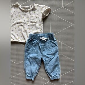 Easy Peasy|Baby girl Cute Outfit,chambray pull on pants & ditsy floral top•••
